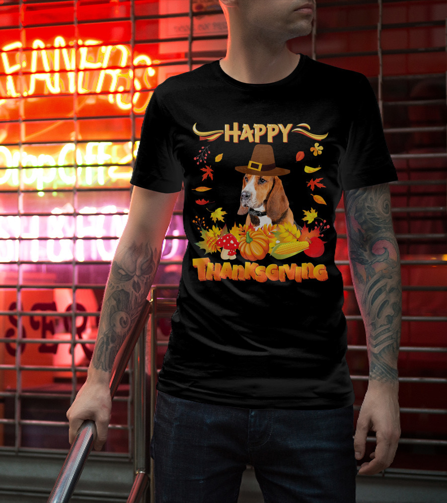 Happy Thanksgiving Basset Hound Dog With Pilgrim Hat And Autumn Harvest Elements T-Shirt