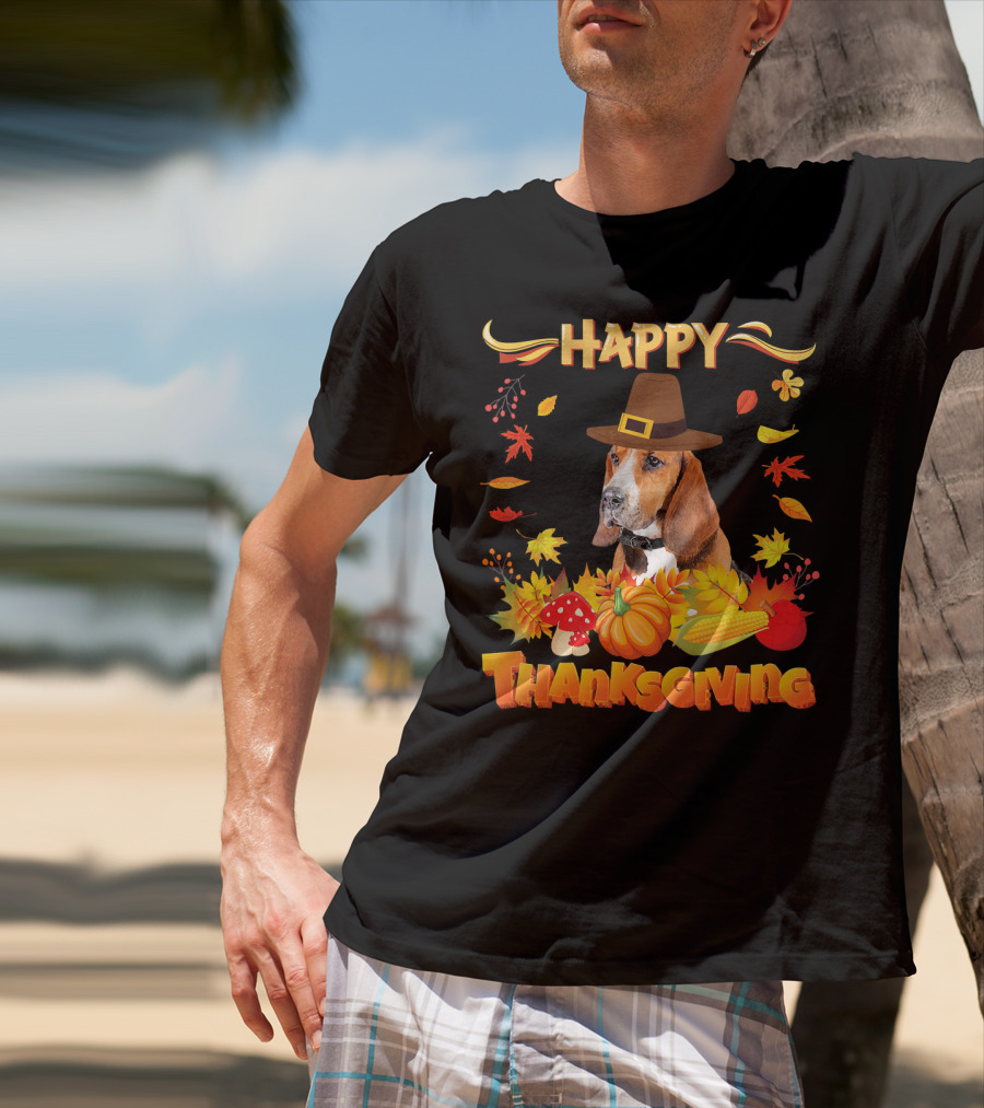 Happy Thanksgiving Basset Hound Dog With Pilgrim Hat And Autumn Harvest Elements T-Shirt