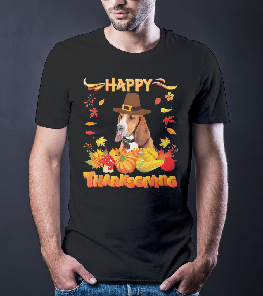 Happy Thanksgiving Basset Hound Dog With Pilgrim Hat And Autumn Harvest Elements T-Shirt