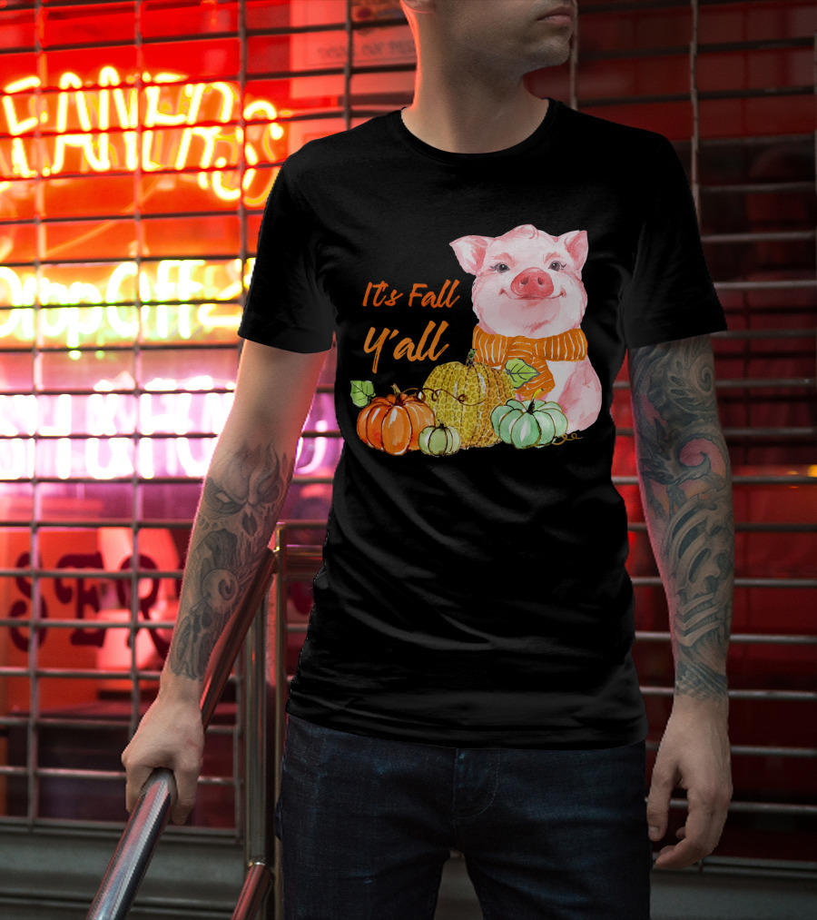 Its Fall Y'all Cute Pig With Leopard Pumpkin Scarf T-Shirt