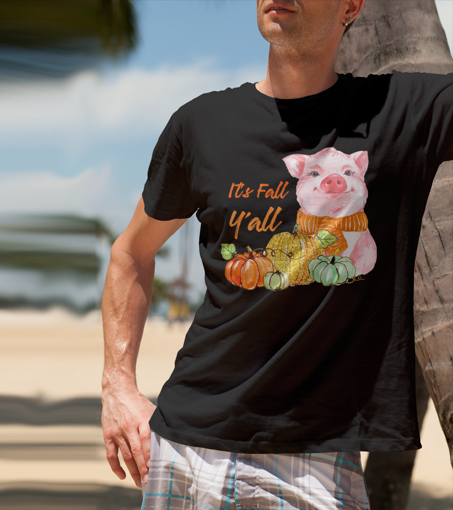 Its Fall Y'all Cute Pig With Leopard Pumpkin Scarf T-Shirt