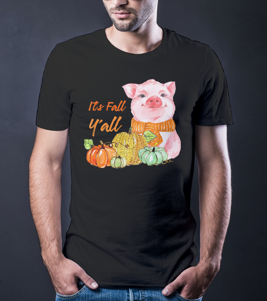 Its Fall Y'all Cute Pig With Leopard Pumpkin Scarf T-Shirt