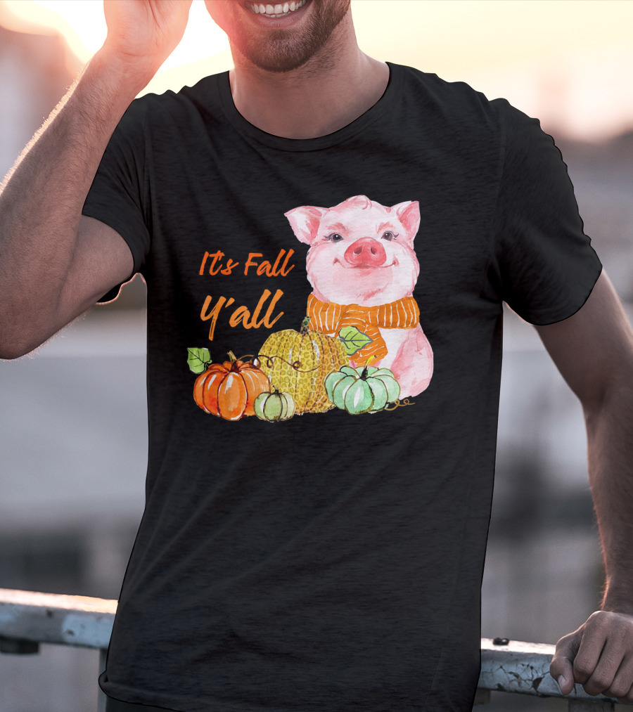 Its Fall Y'all Cute Pig With Leopard Pumpkin Scarf T-Shirt