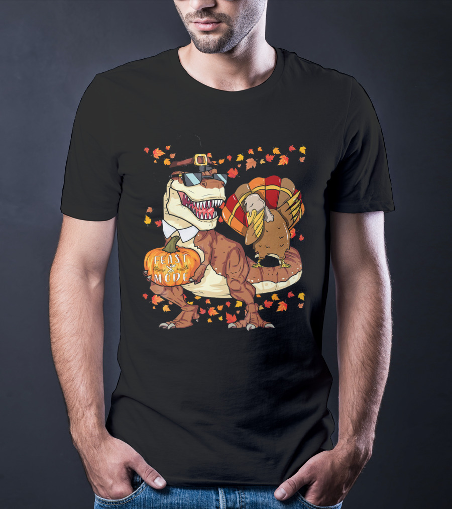 Thanksgiving Feast Mode Dinosaur With Turkey And Autumn Leaves T-Shirt