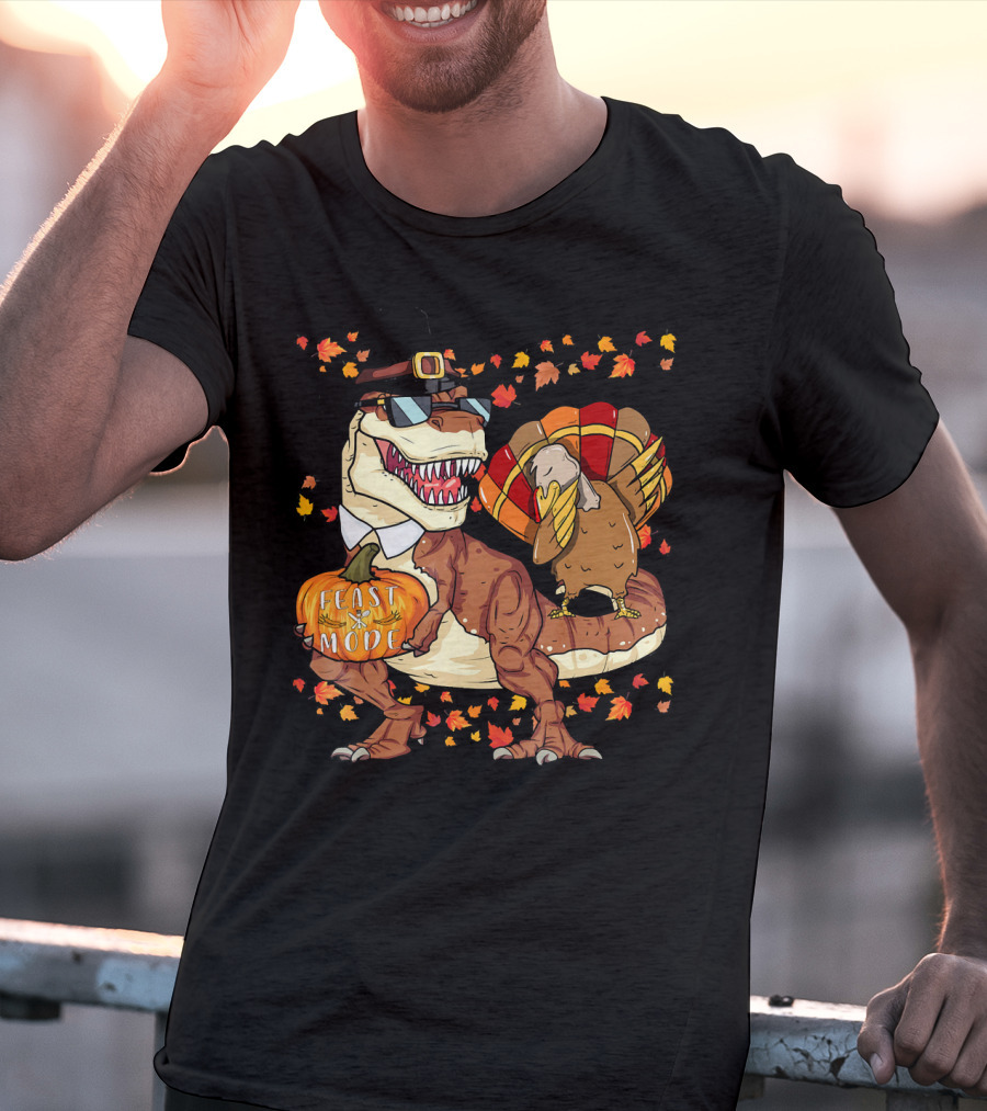 Thanksgiving Feast Mode Dinosaur With Turkey And Autumn Leaves T-Shirt