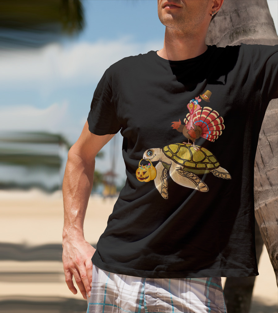 Turkey Riding Turtle Pumpkin Funny Sea Thanksgiving Halloween Fusion T-Shirt