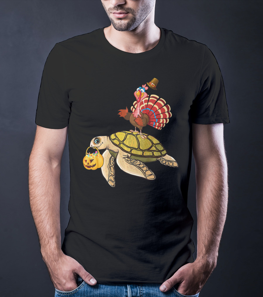 Turkey Riding Turtle Pumpkin Funny Sea Thanksgiving Halloween Fusion T-Shirt