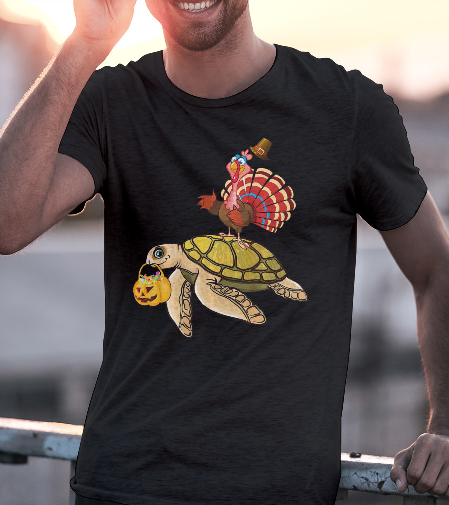 Turkey Riding Turtle Pumpkin Funny Sea Thanksgiving Halloween Fusion T-Shirt