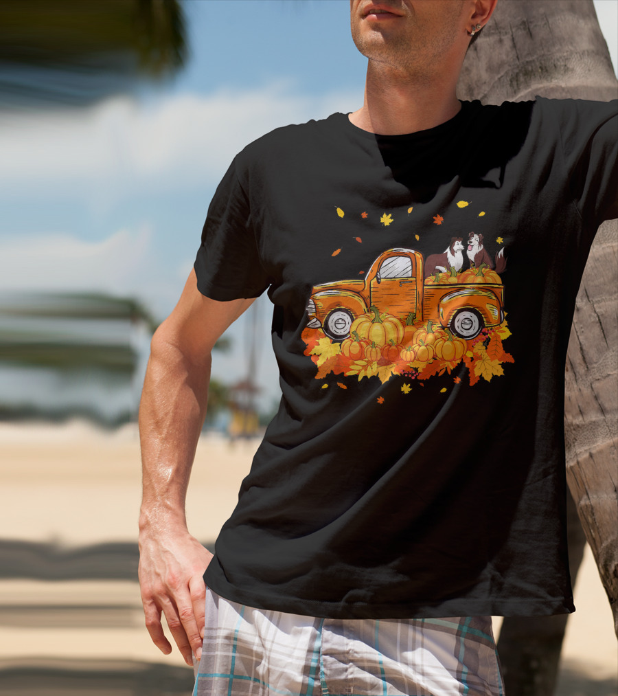 Heeler Pumpkin Truck With Fall Leaves And Pumpkins For Halloween T-Shirt