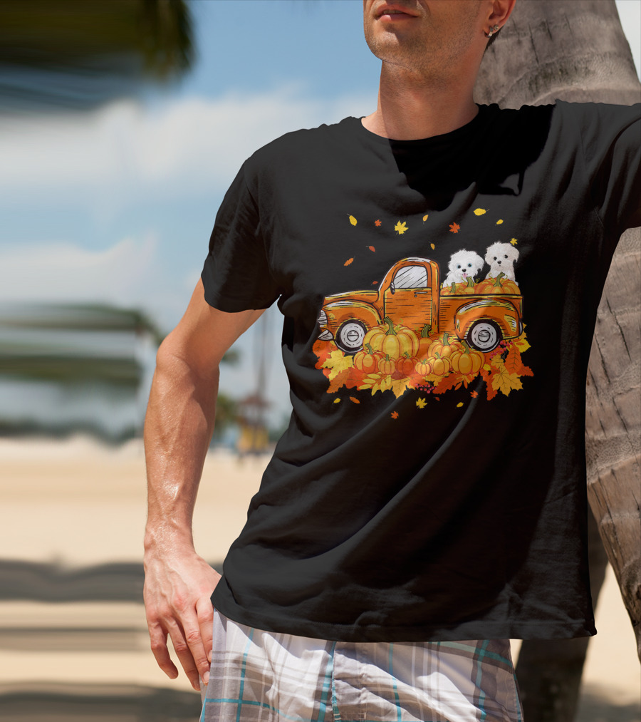 Maltese Dogs Riding Pumpkin Truck For Halloween T-Shirt