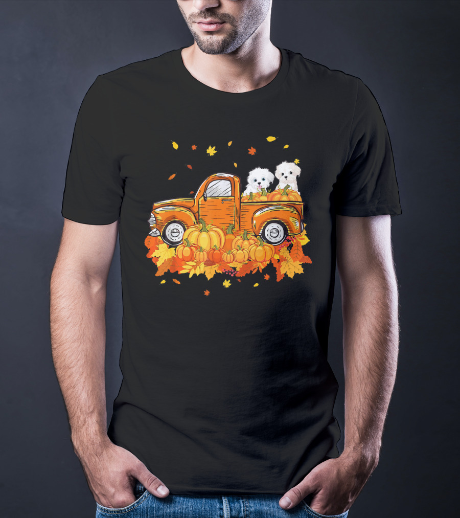 Maltese Dogs Riding Pumpkin Truck For Halloween T-Shirt