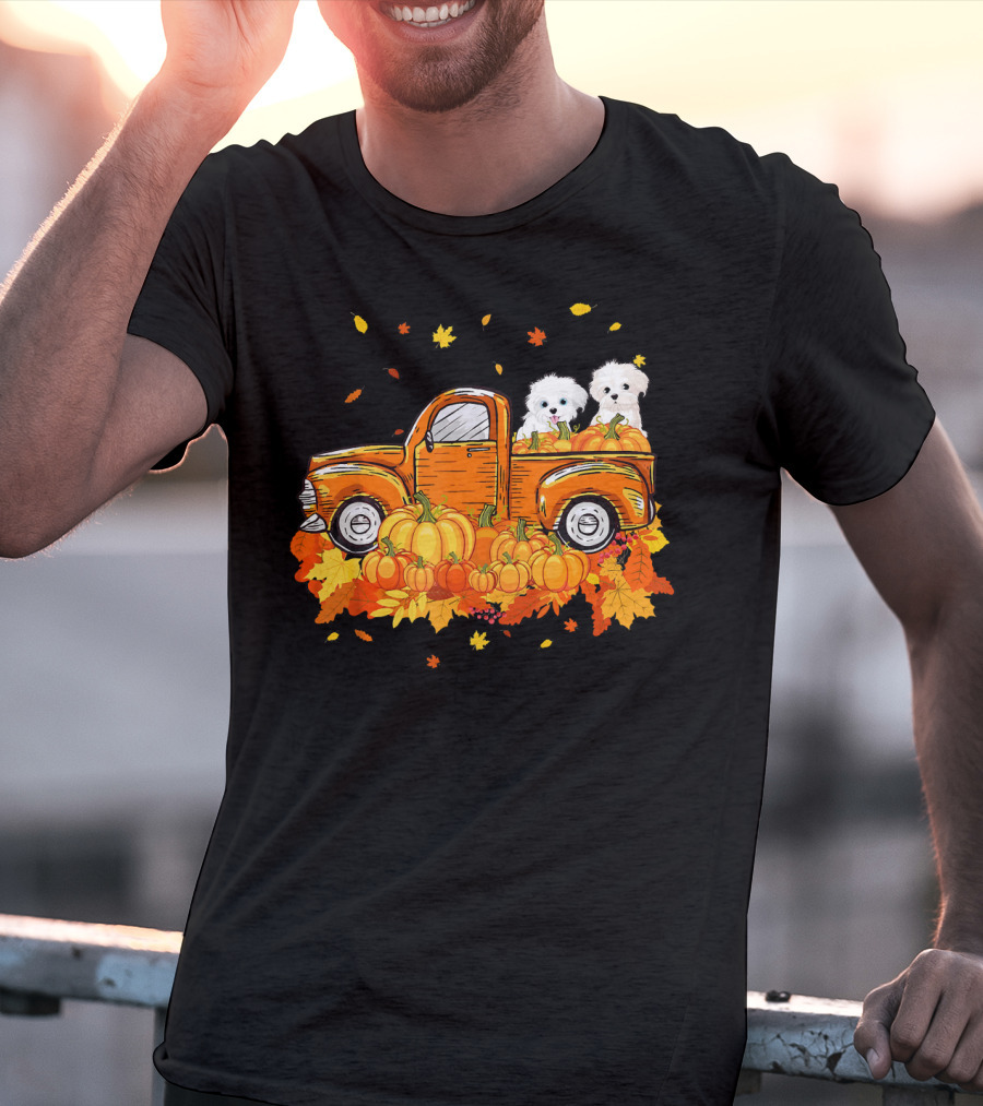 Maltese Dogs Riding Pumpkin Truck For Halloween T-Shirt