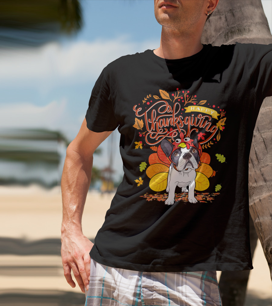 Happy Thanksgiving French Bulldog With Turkey Hat And Fall Leaves T-Shirt