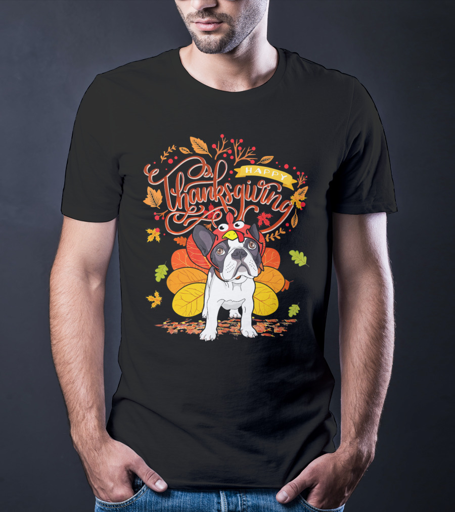 Happy Thanksgiving French Bulldog With Turkey Hat And Fall Leaves T-Shirt