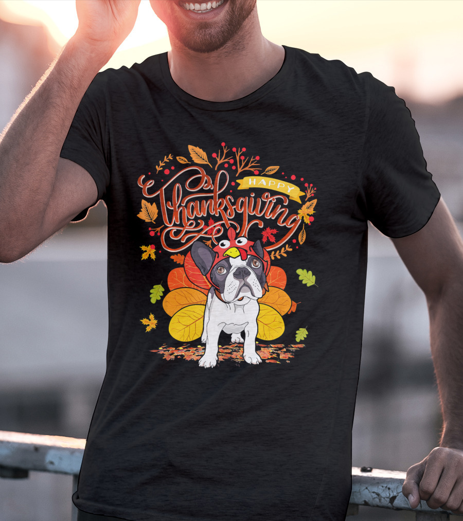 Happy Thanksgiving French Bulldog With Turkey Hat And Fall Leaves T-Shirt