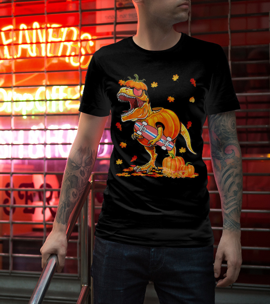 Dinosaur Pumpkin Skateboard Autumn Leaves Hall T-Shirt