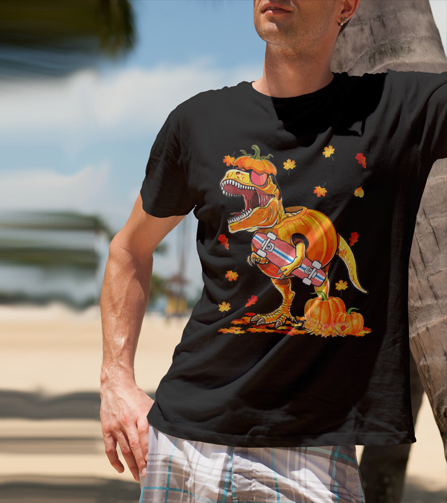Dinosaur Pumpkin Skateboard Autumn Leaves Hall T-Shirt