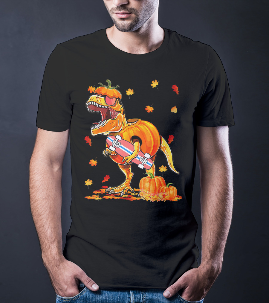 Dinosaur Pumpkin Skateboard Autumn Leaves Hall T-Shirt