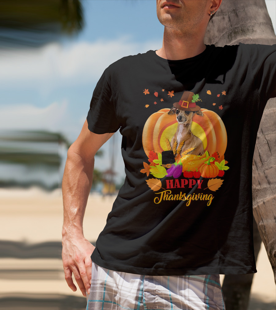 Italian Greyhound Happy Thanksgiving Pilgrim Hat Pumpkin Leaves T-Shirt