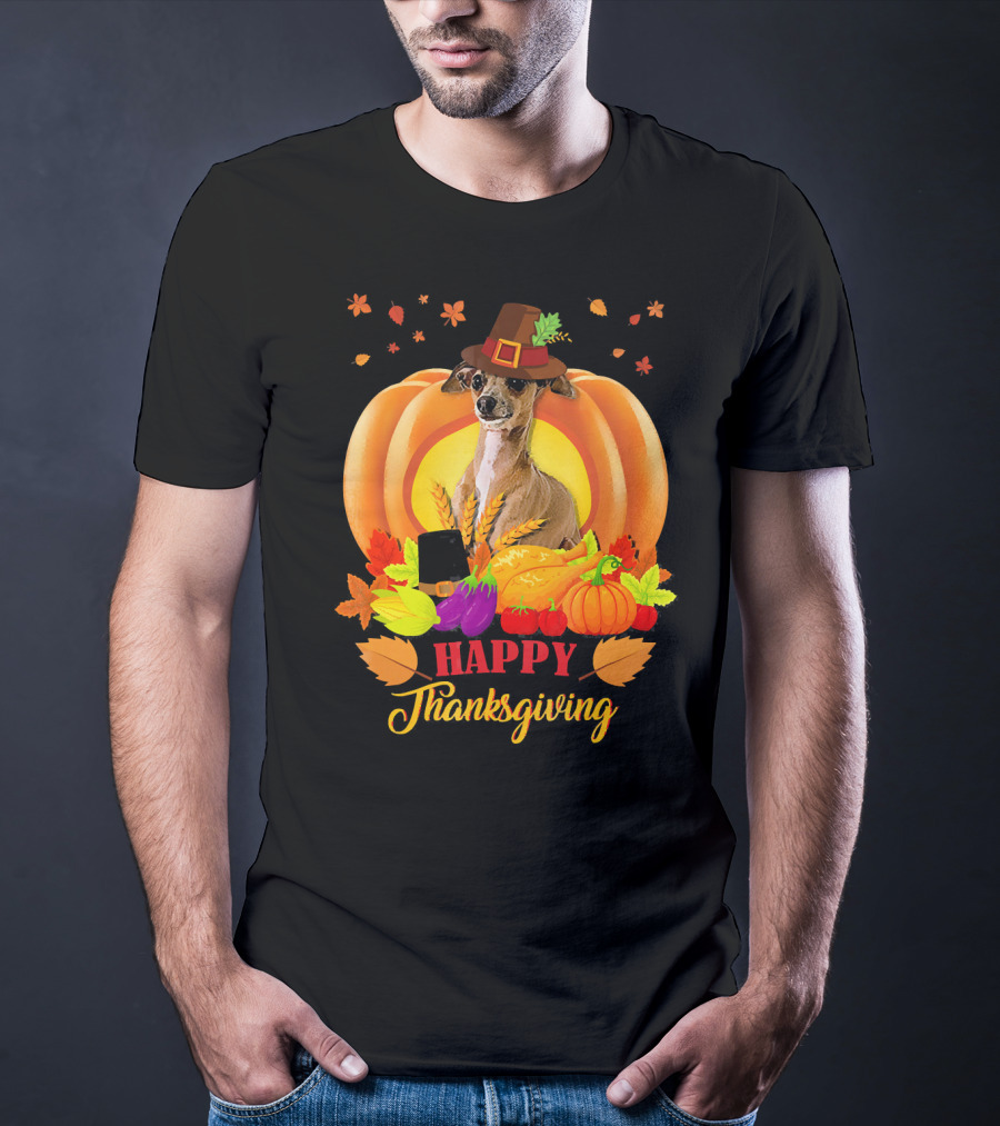 Italian Greyhound Happy Thanksgiving Pilgrim Hat Pumpkin Leaves T-Shirt