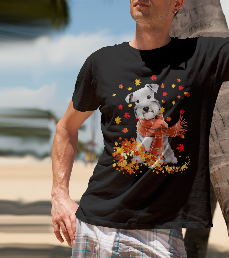 Cute Schnauzer Dog Autumn Leaves And Cozy Scarf T-Shirt