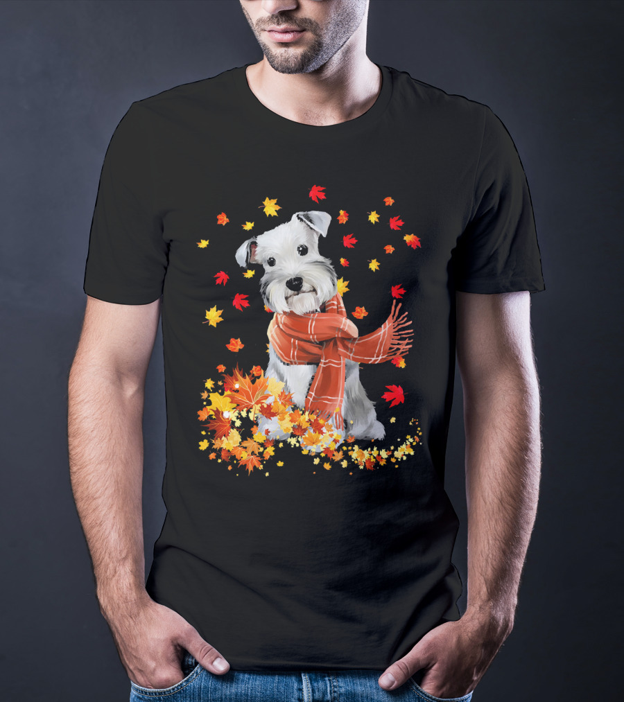 Cute Schnauzer Dog Autumn Leaves And Cozy Scarf T-Shirt