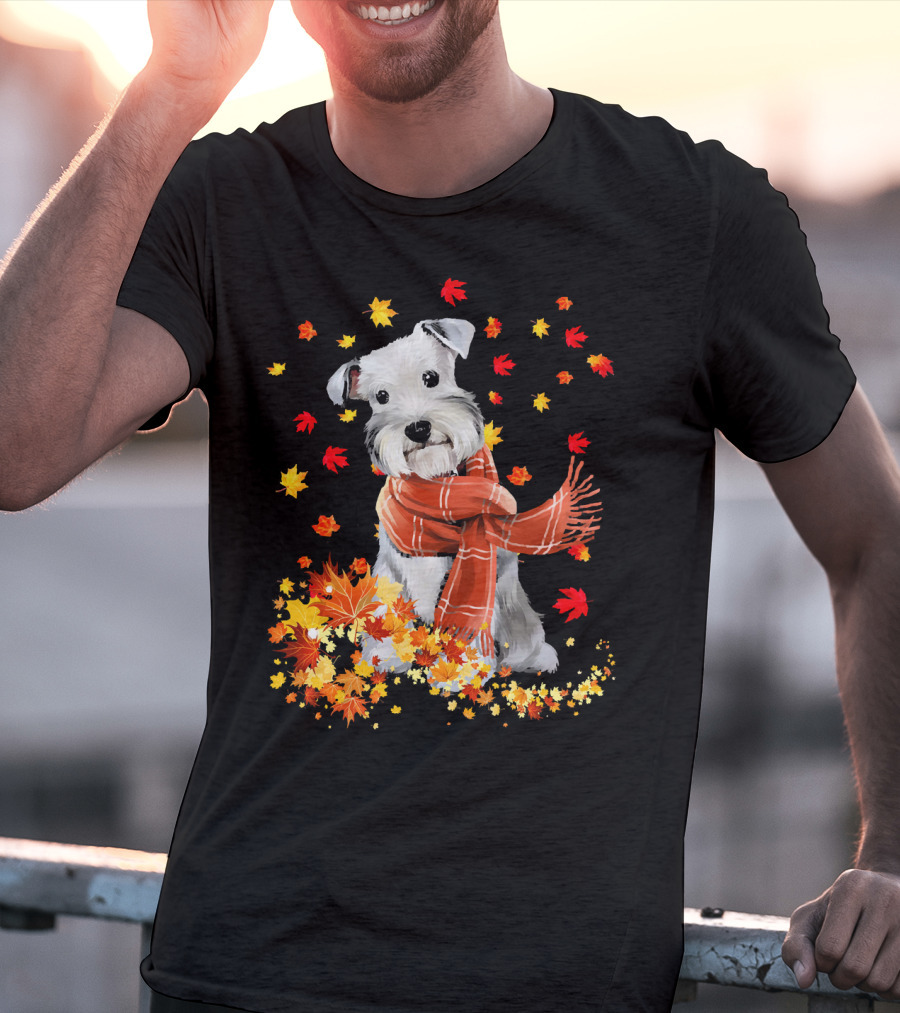 Cute Schnauzer Dog Autumn Leaves And Cozy Scarf T-Shirt