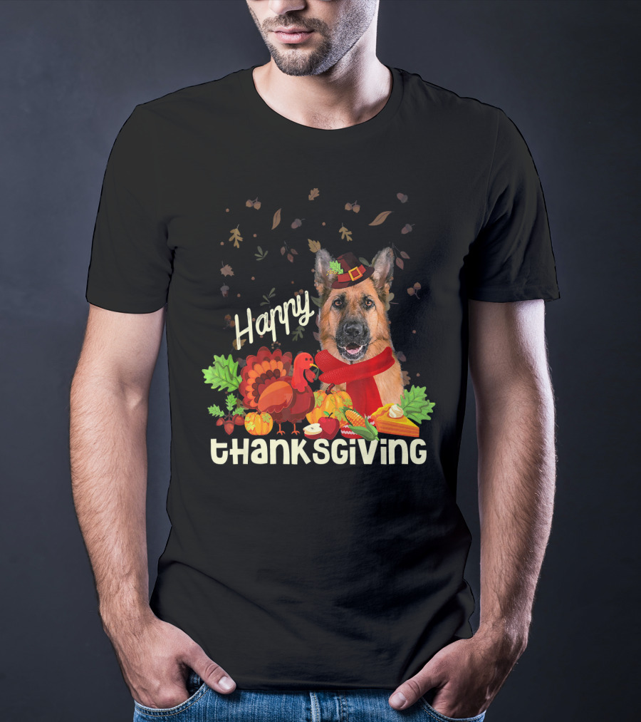 Happy Thanksgiving Pilgrim German Shepherd With Turkey And Fall Leaves T-Shirt