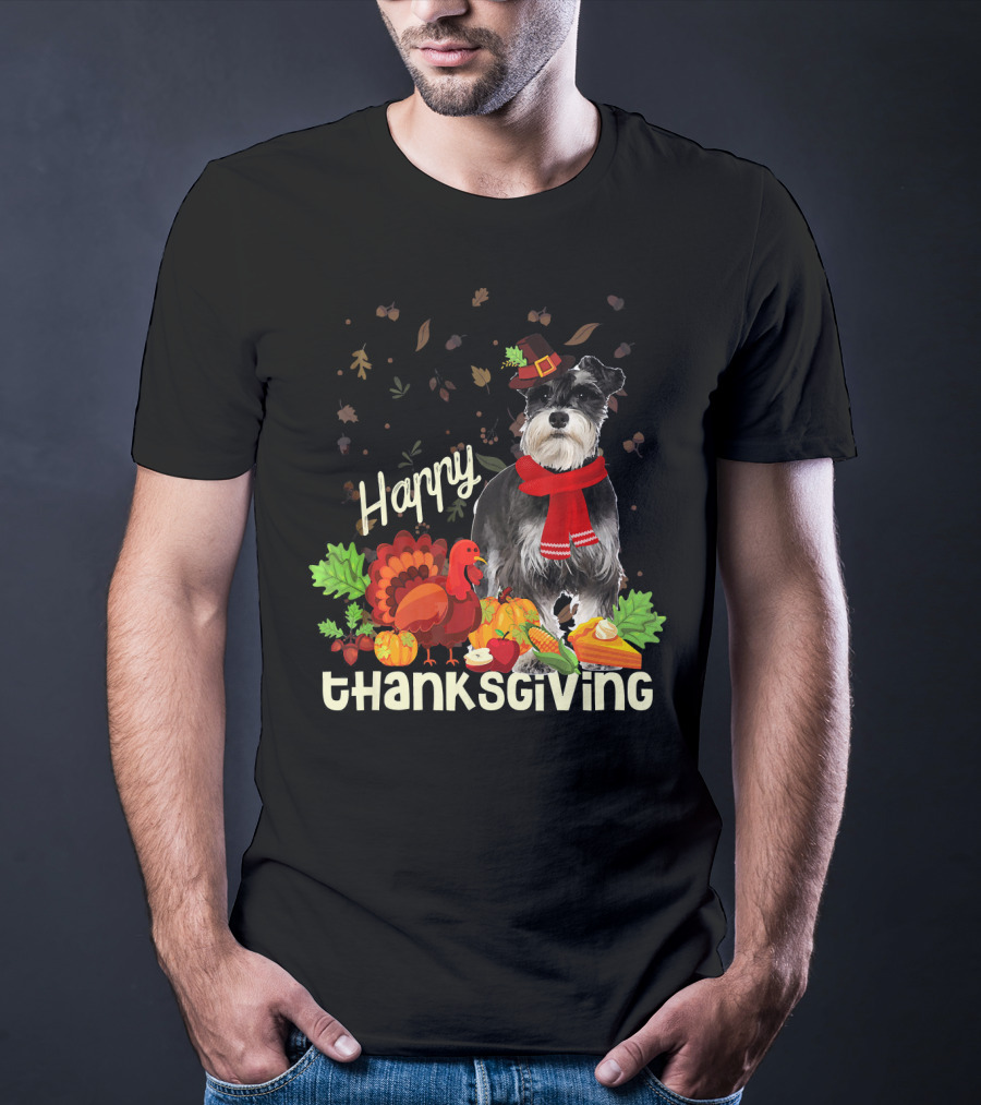 Happy Thanksgiving Pilgrim Miniature Schnauzer Turkey Pumpkin Pie Autumn Leaves T-Shirt