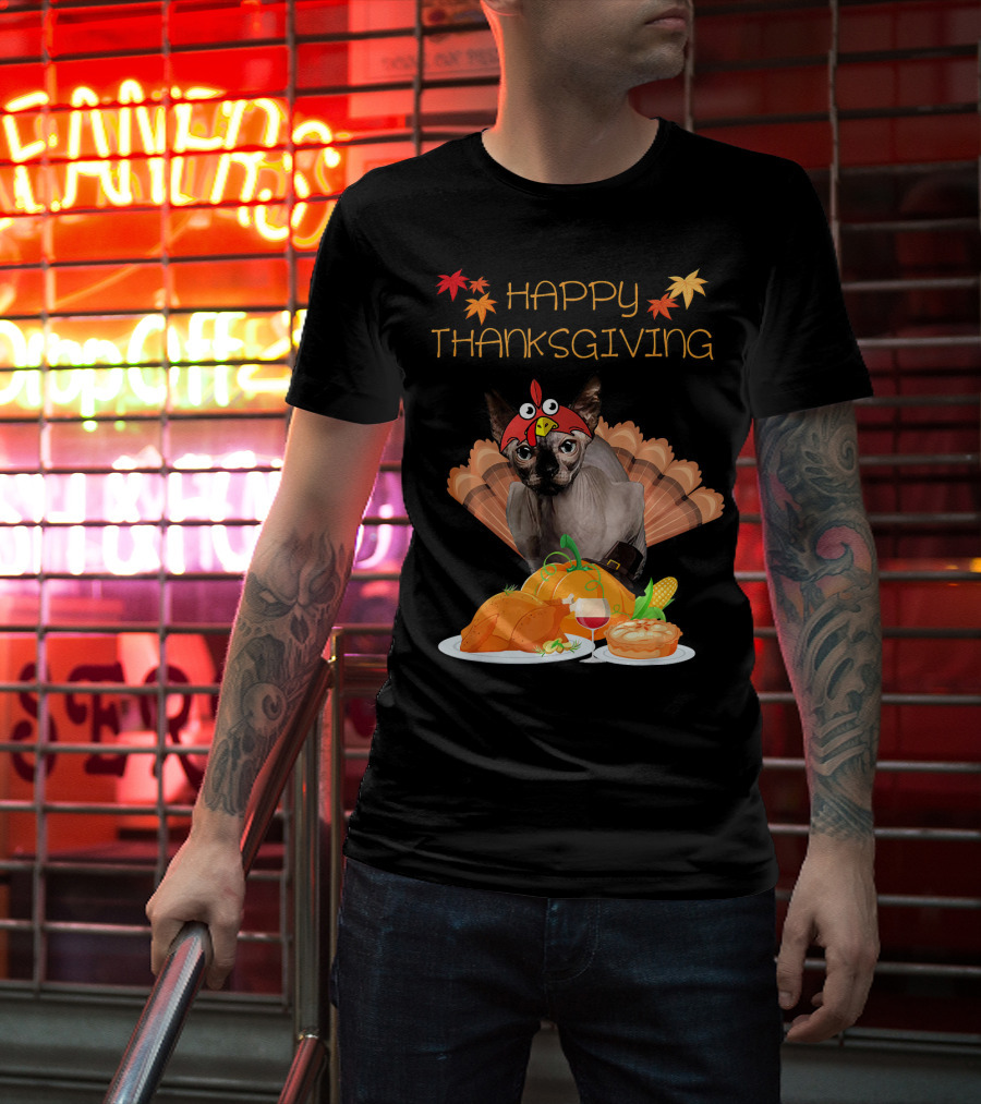 Happy Thanksgiving Sphynx Cat Turkey Feast T-Shirt