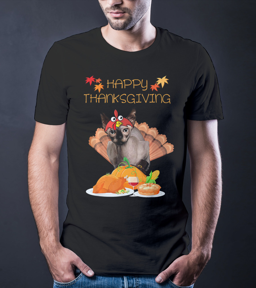 Happy Thanksgiving Sphynx Cat Turkey Feast T-Shirt