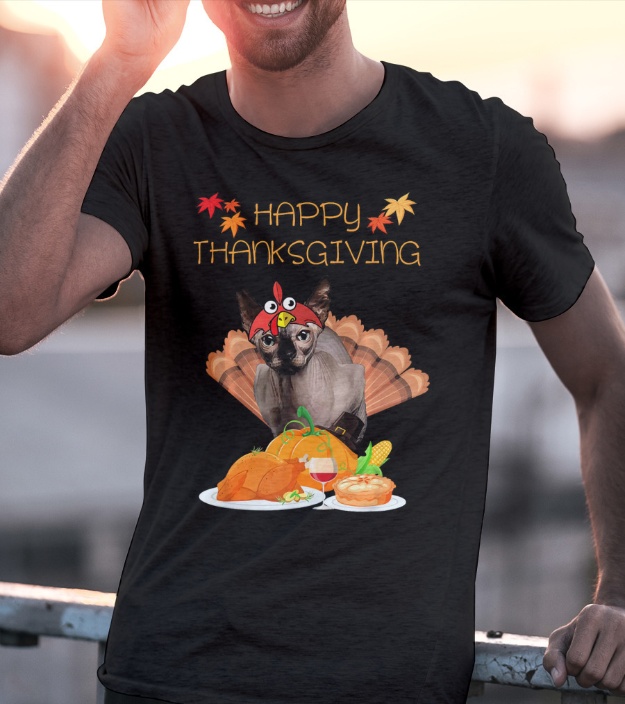 Happy Thanksgiving Sphynx Cat Turkey Feast T-Shirt