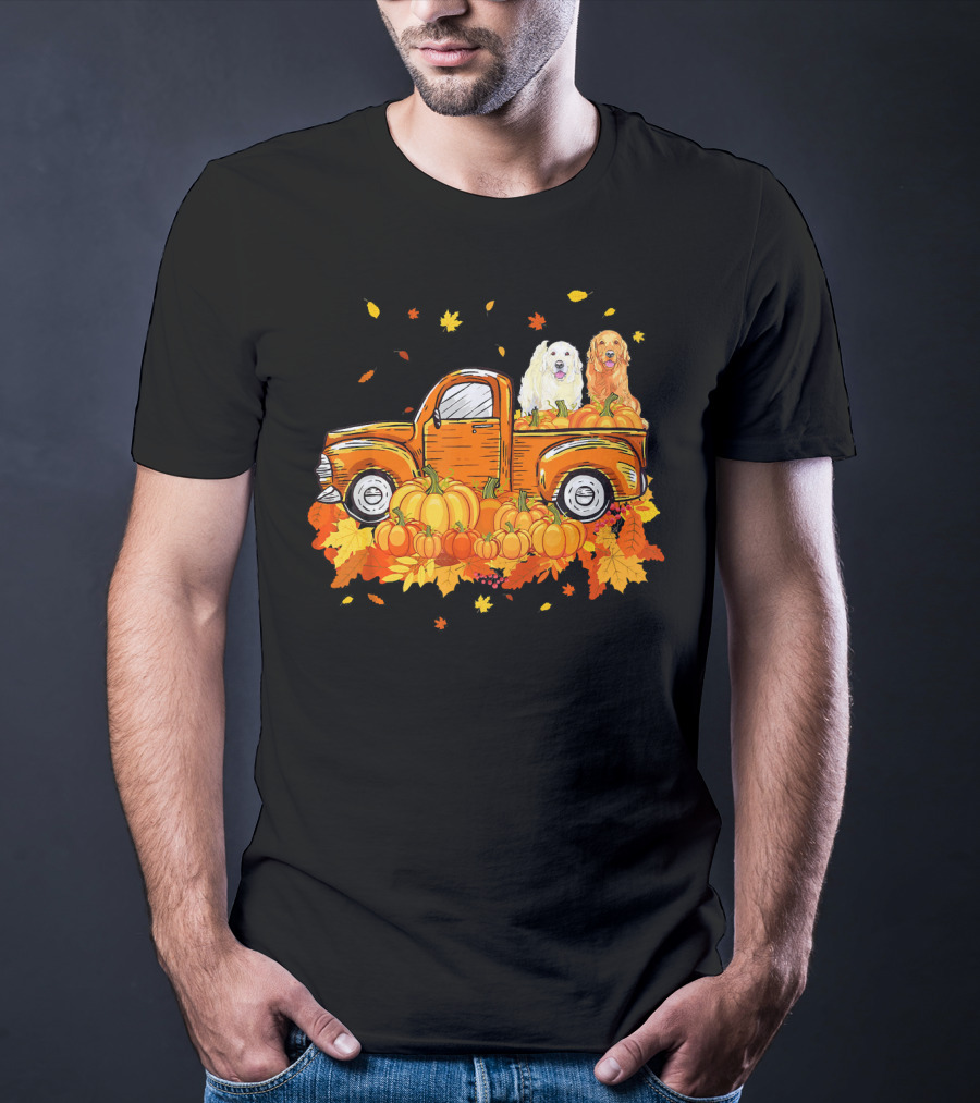 Golden Retriever Puppies In Vintage Pumpkin Truck With Autumn Leaves T-Shirt