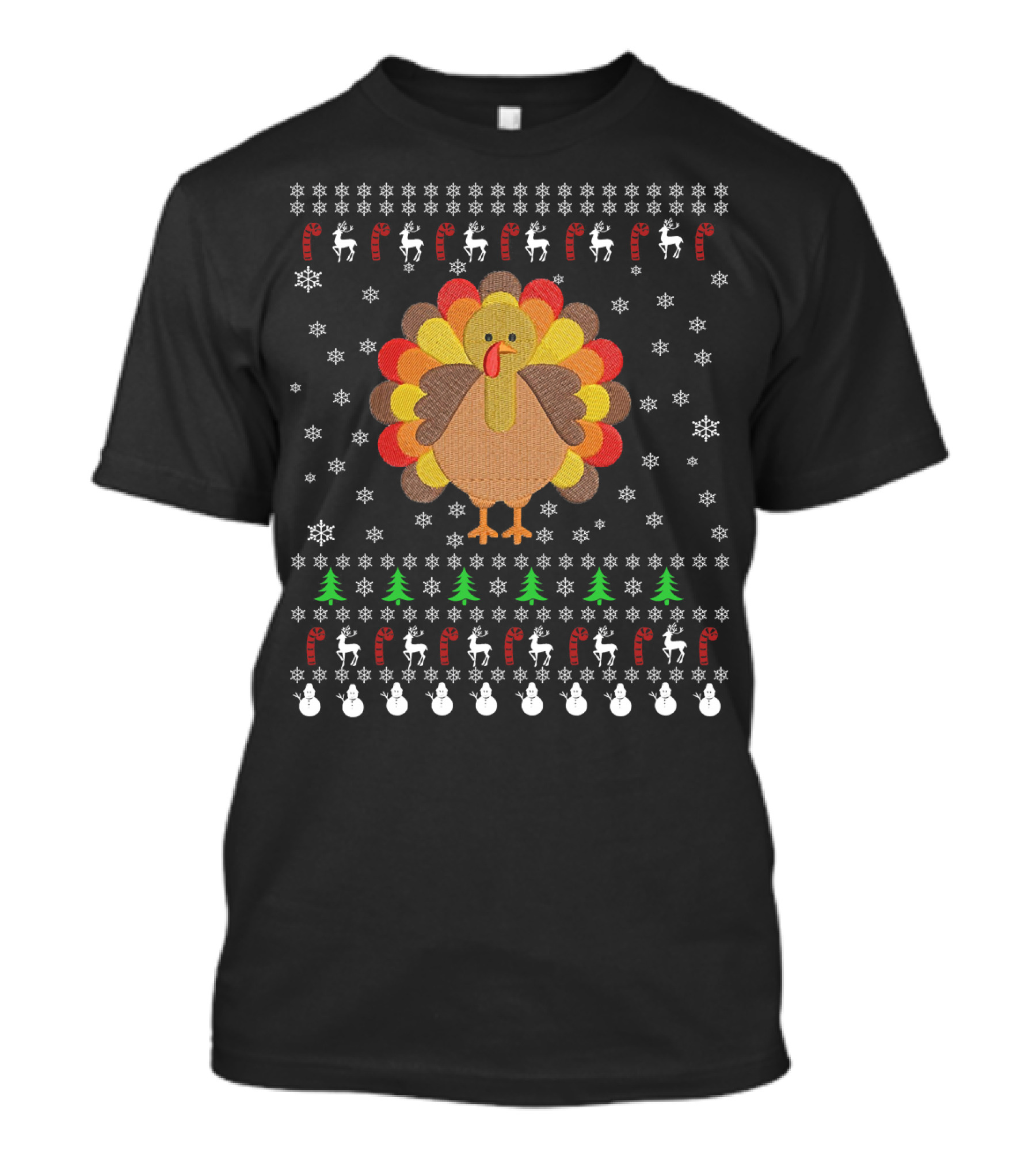 Thanksgiving Turkey With Snowflakes Reindeer Trees And Candy Canes T-Shirt