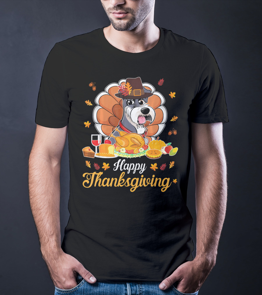 Happy Thanksgiving Schnauzer Pilgrim Turkey Feast Wine T-Shirt