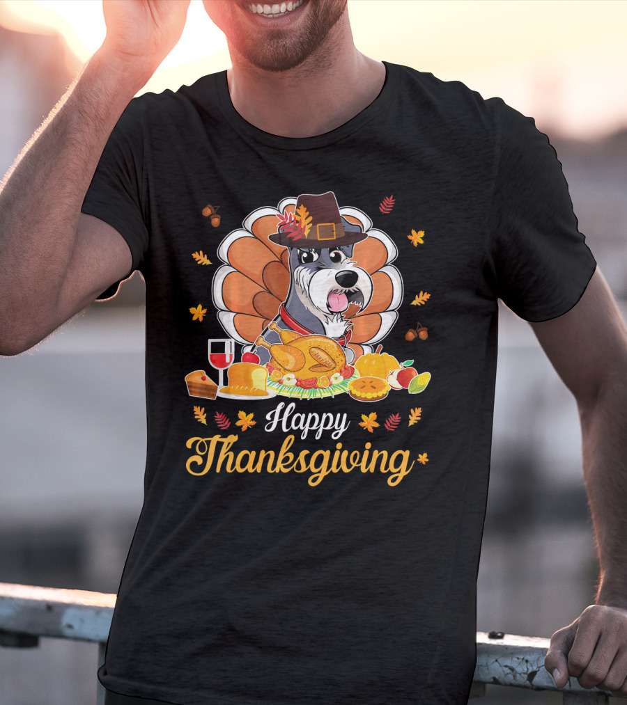 Happy Thanksgiving Schnauzer Pilgrim Turkey Feast Wine T-Shirt