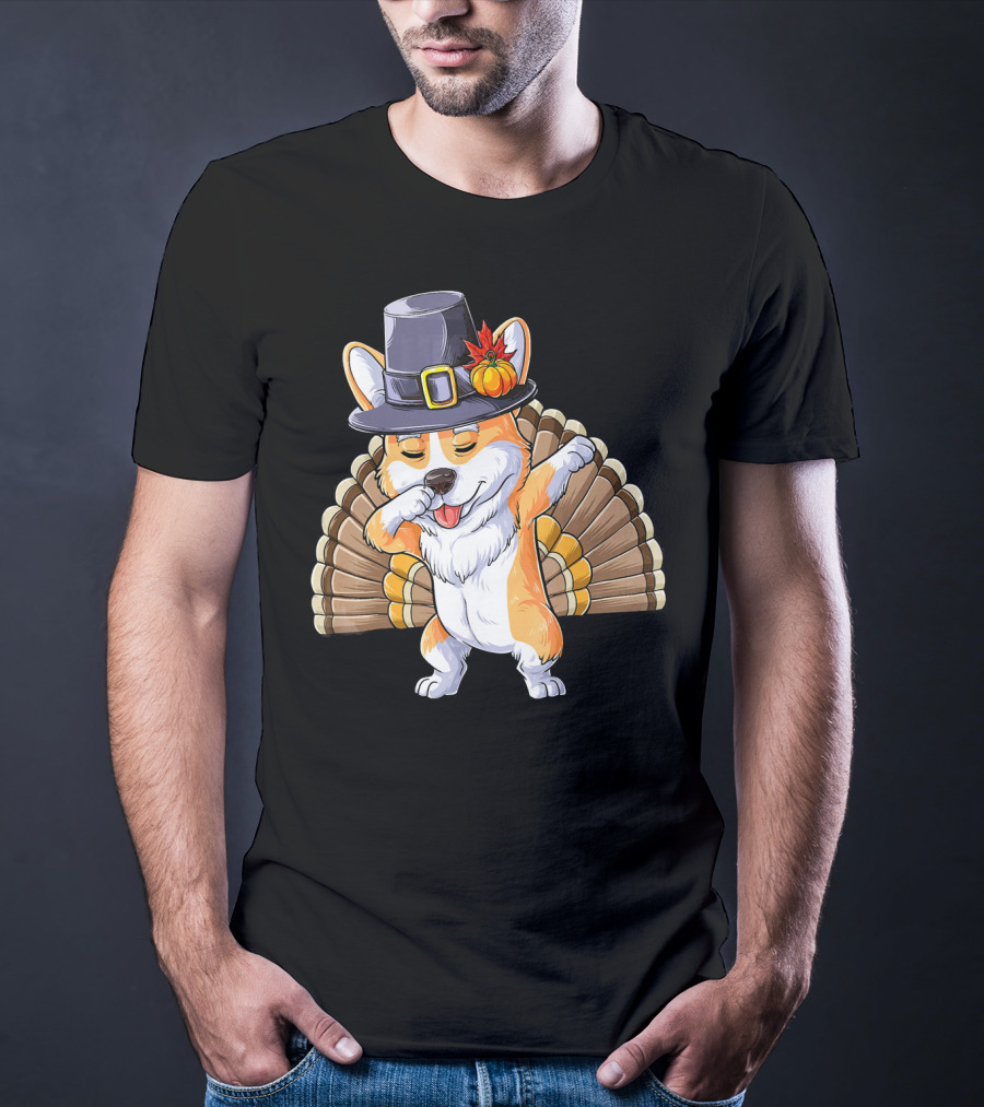 Thanksgiving Dabbing Corgi Pilgrim Hat Turkey Tail T-Shirt