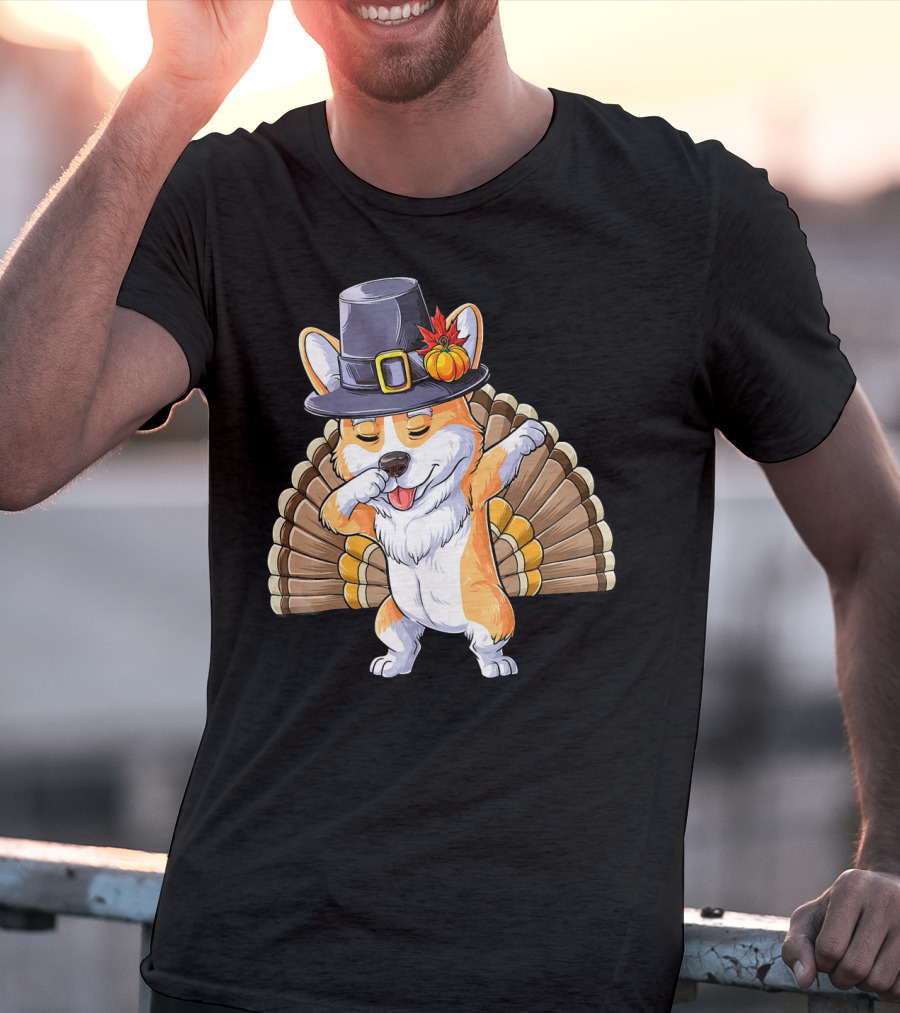 Thanksgiving Dabbing Corgi Pilgrim Hat Turkey Tail T-Shirt