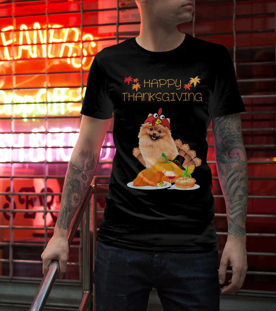 Happy Thanksgiving Day Pomeranian Turkey Pumpkin Pie T-Shirt