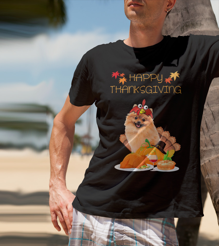 Happy Thanksgiving Day Pomeranian Turkey Pumpkin Pie T-Shirt