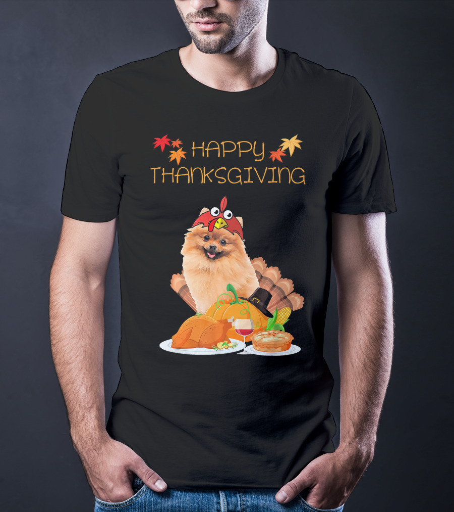 Happy Thanksgiving Day Pomeranian Turkey Pumpkin Pie T-Shirt