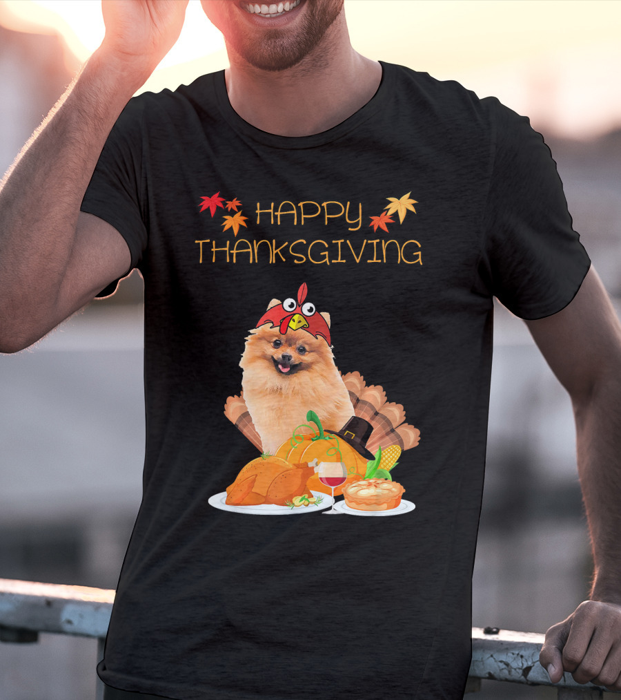 Happy Thanksgiving Day Pomeranian Turkey Pumpkin Pie T-Shirt
