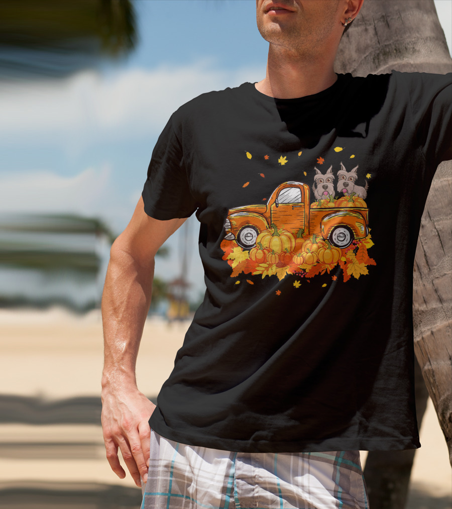 Scottie Dogs In Pumpkin-Filled Truck Surrounded By Autumn Leaves Halloween T-Shirt