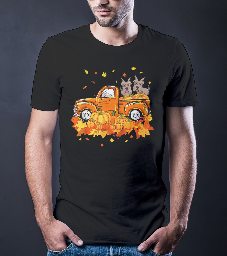 Scottie Dogs In Pumpkin-Filled Truck Surrounded By Autumn Leaves Halloween T-Shirt