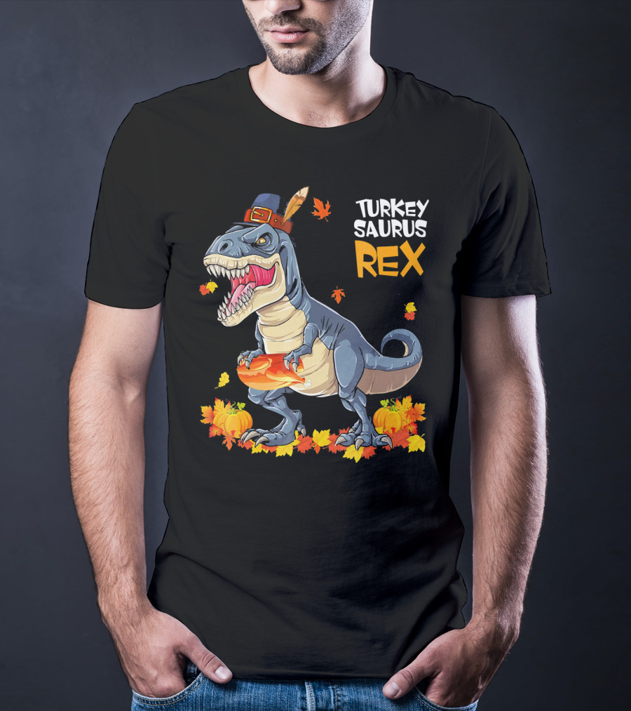 Turkey Saurus Rex Pilgrim Dinosaur Fall Leaves Pumpkins T-Shirt