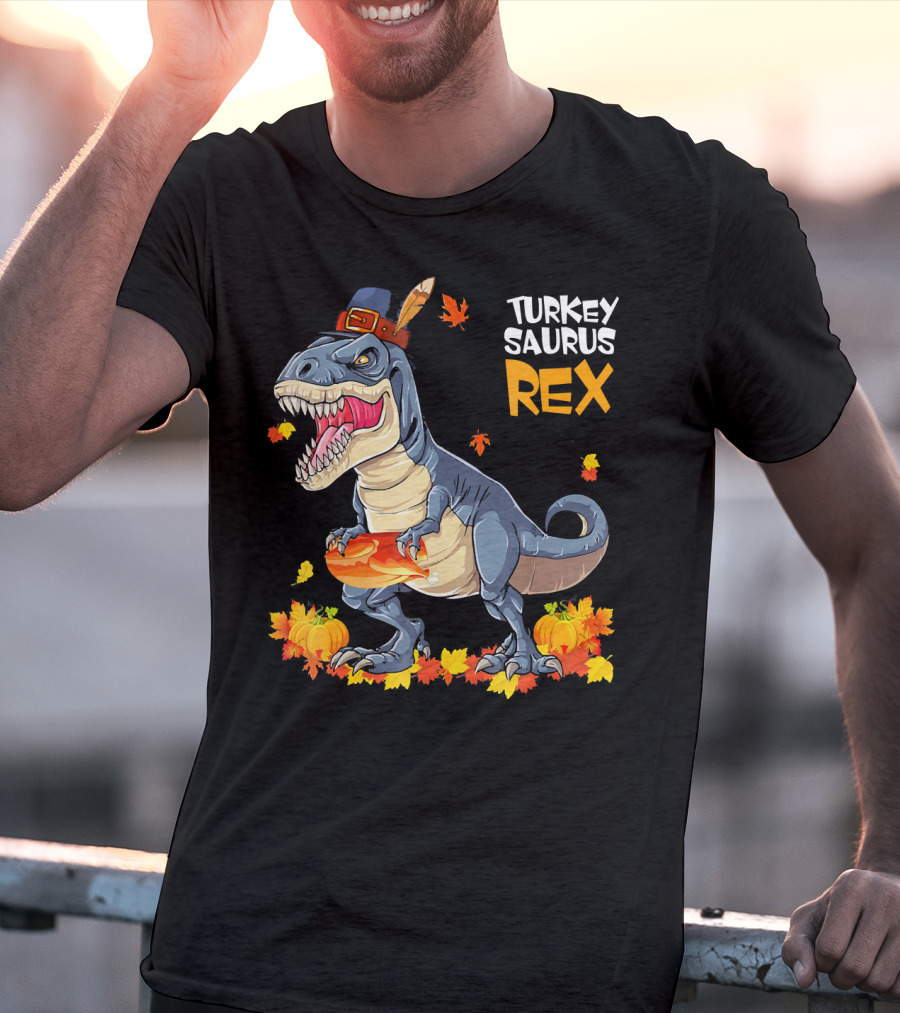 Turkey Saurus Rex Pilgrim Dinosaur Fall Leaves Pumpkins T-Shirt
