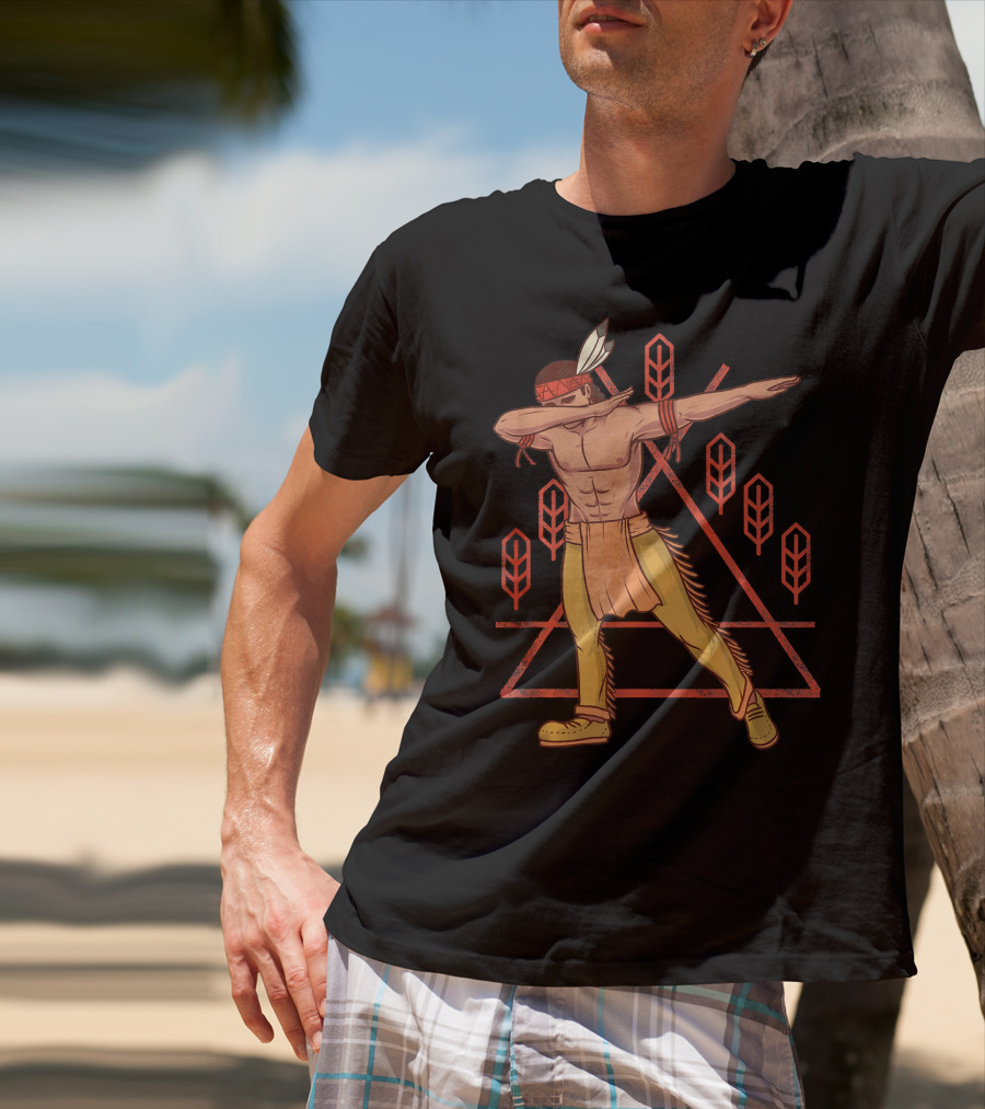 Thanksgiving Dabbing Native American Geometric Feather Motif T-Shirt
