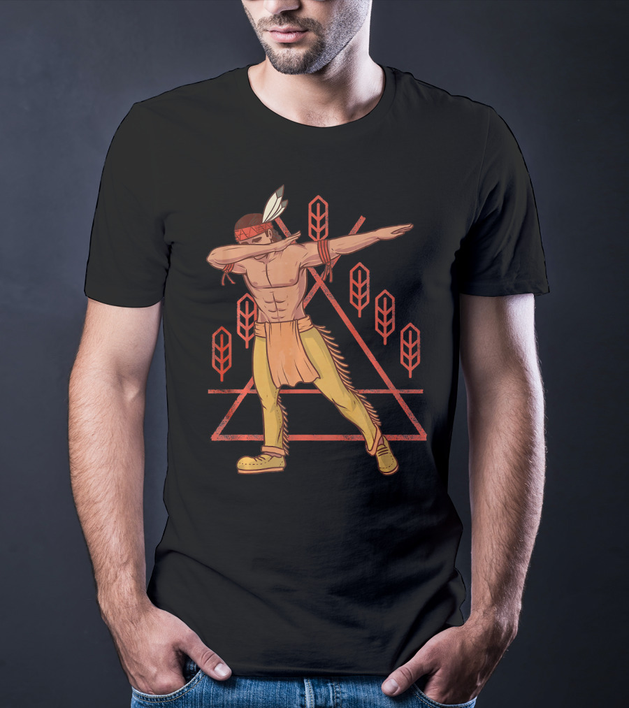Thanksgiving Dabbing Native American Geometric Feather Motif T-Shirt