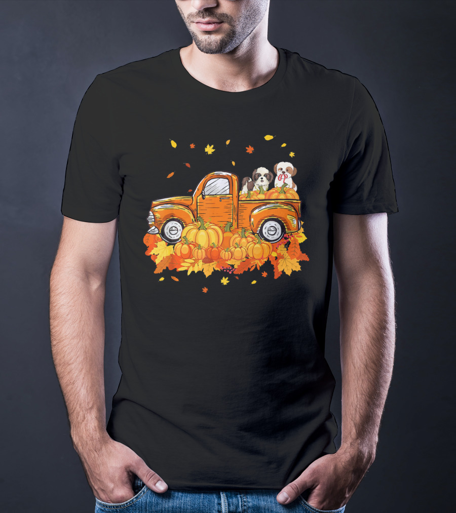 Shih Tzu Puppies In Pumpkin Truck With Autumn Leaves For Halloween T-Shirt
