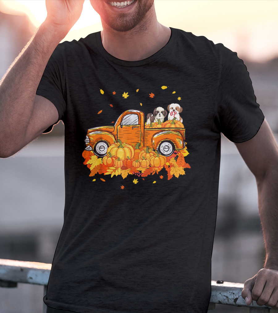 Shih Tzu Puppies In Pumpkin Truck With Autumn Leaves For Halloween T-Shirt